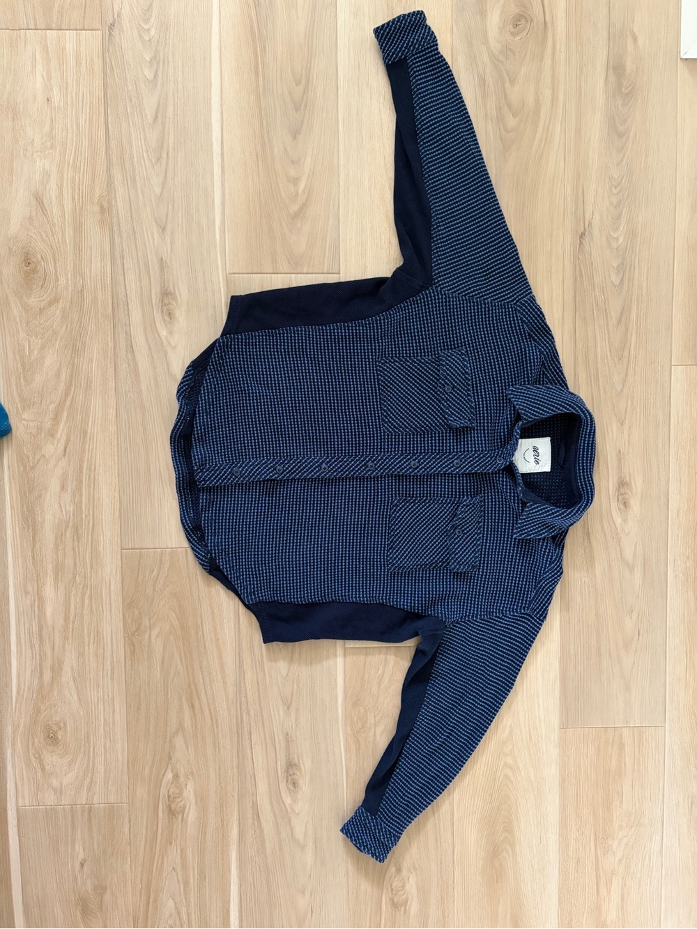 aerie Navy and Light Oversized Blue Waffle Knit Button-Up